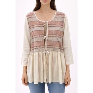 LOGO | Boho Embroidered Peasant Cream Pink Beaded Tie Front Tunic Top | Medium